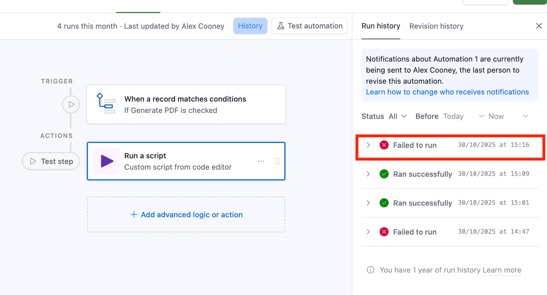 Automation run history in Airtable