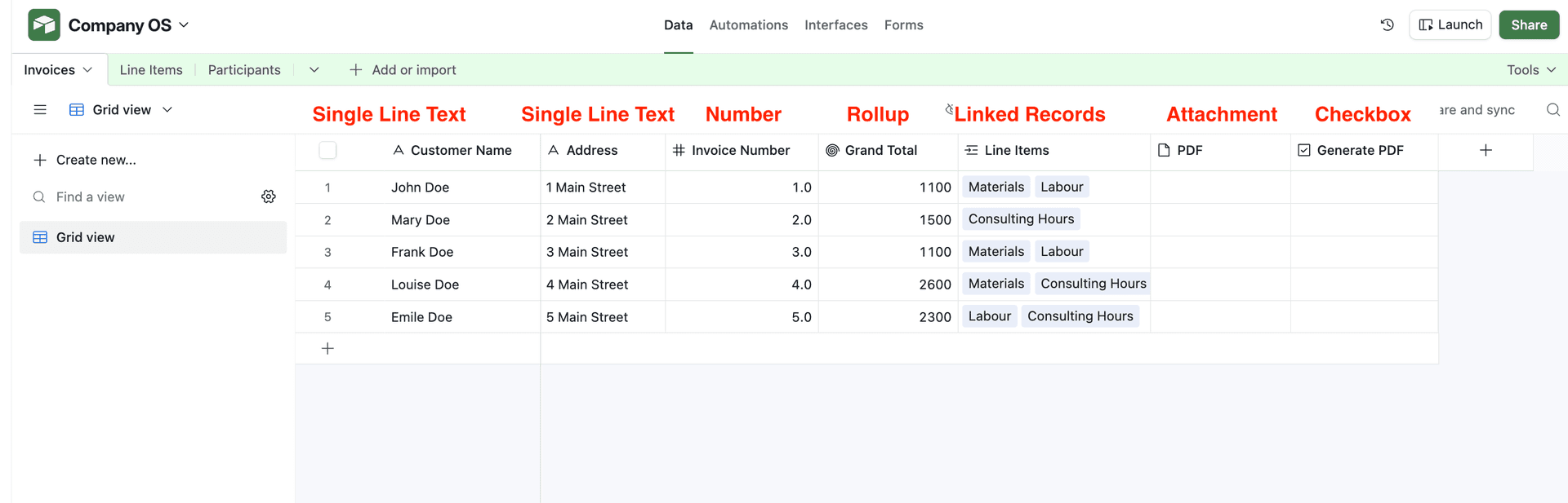 Airtable table structure for invoices
