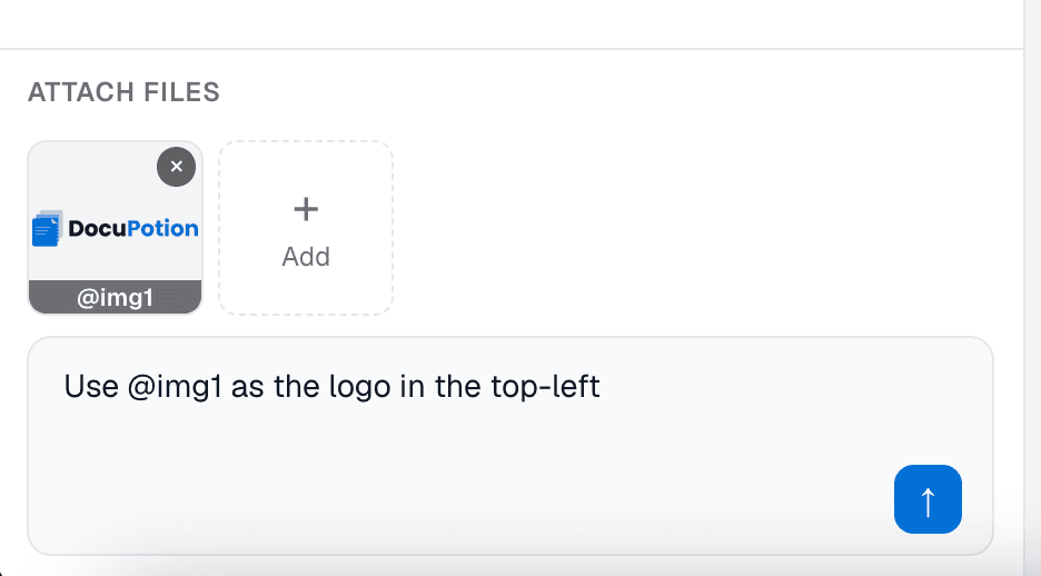 Uploading a logo image in the DocuPotion editor and referencing it with the @ command