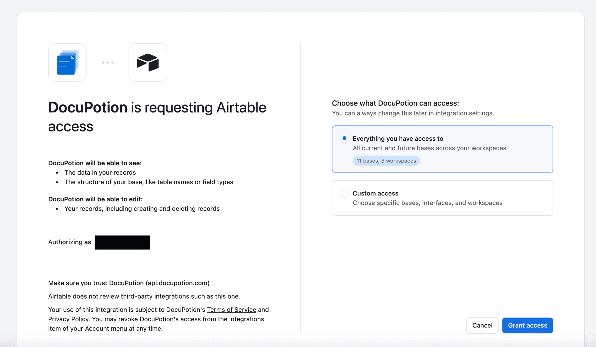 The Airtable OAuth authorization screen for DocuPotion