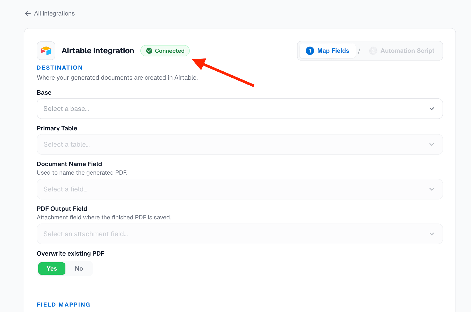 The green Connected badge confirming DocuPotion is linked to Airtable