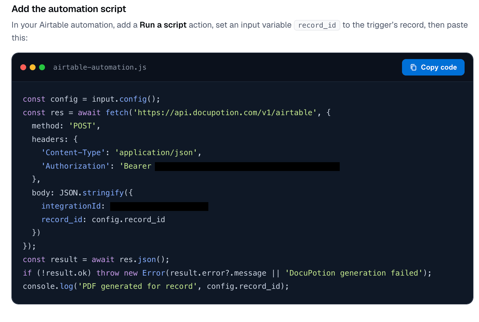 Copying the automation script from the Generate automatically screen in DocuPotion