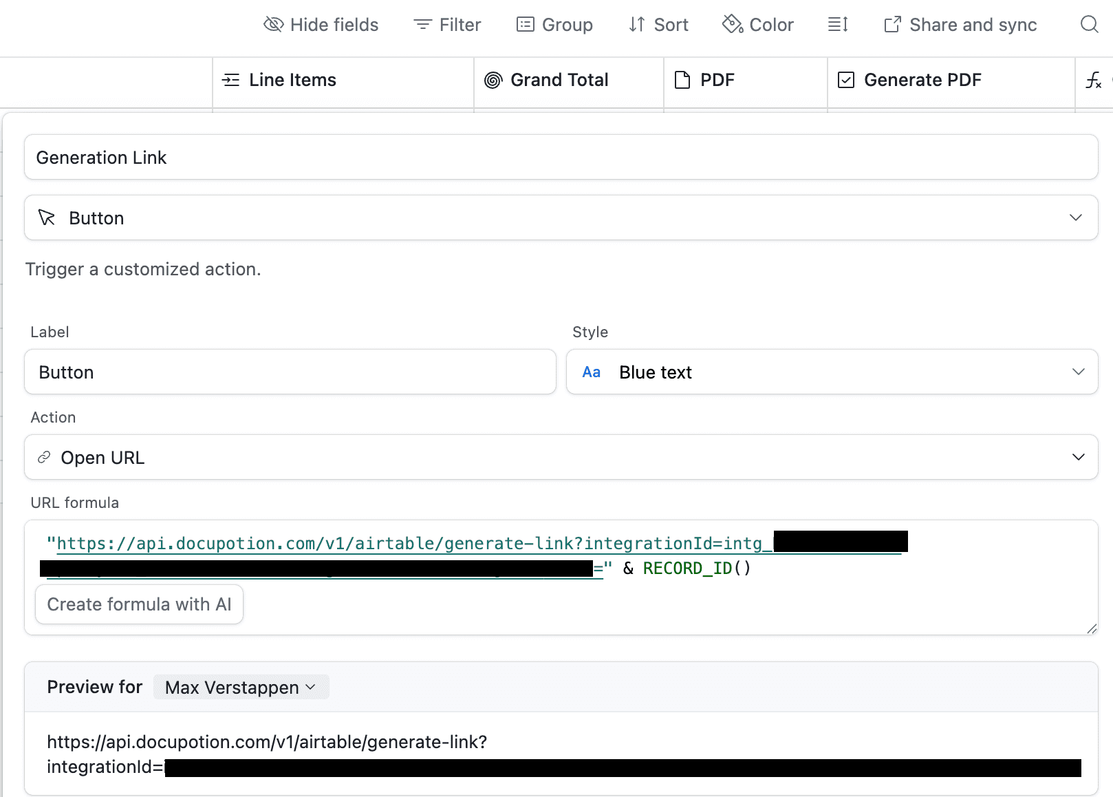 Button field added to an Airtable table configured to trigger PDF generation