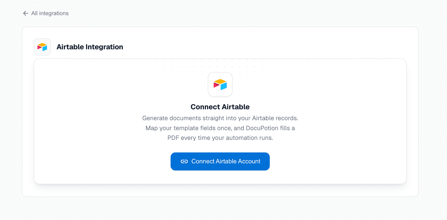 The Airtable card in the DocuPotion Generate tab