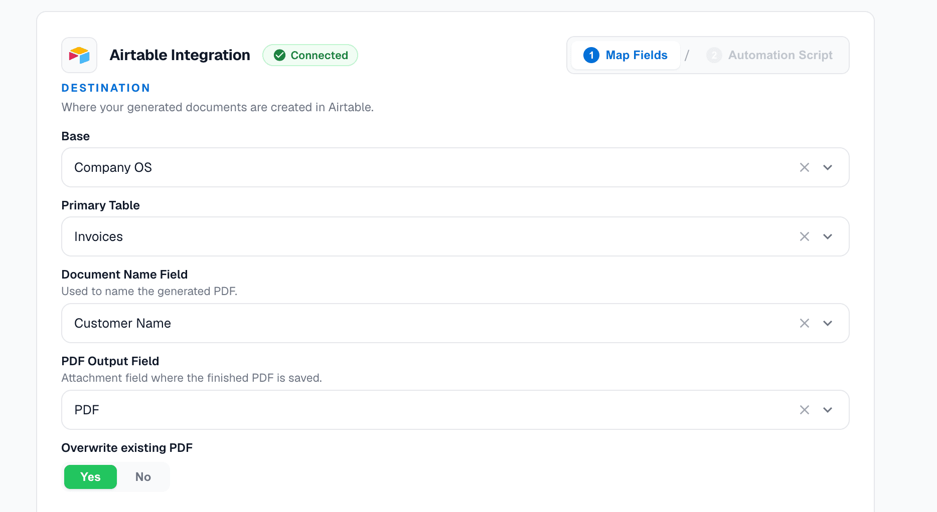 Destination settings showing base, primary table, document name field, and PDF output field
