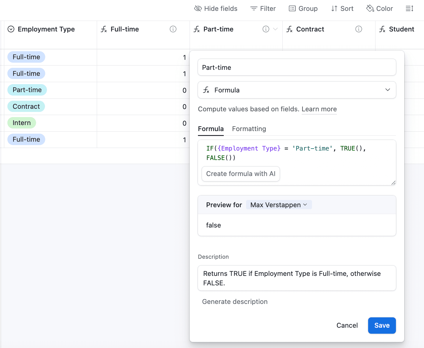 An Airtable Employment Type single-select column with hidden formula fields returning true or false for each option
