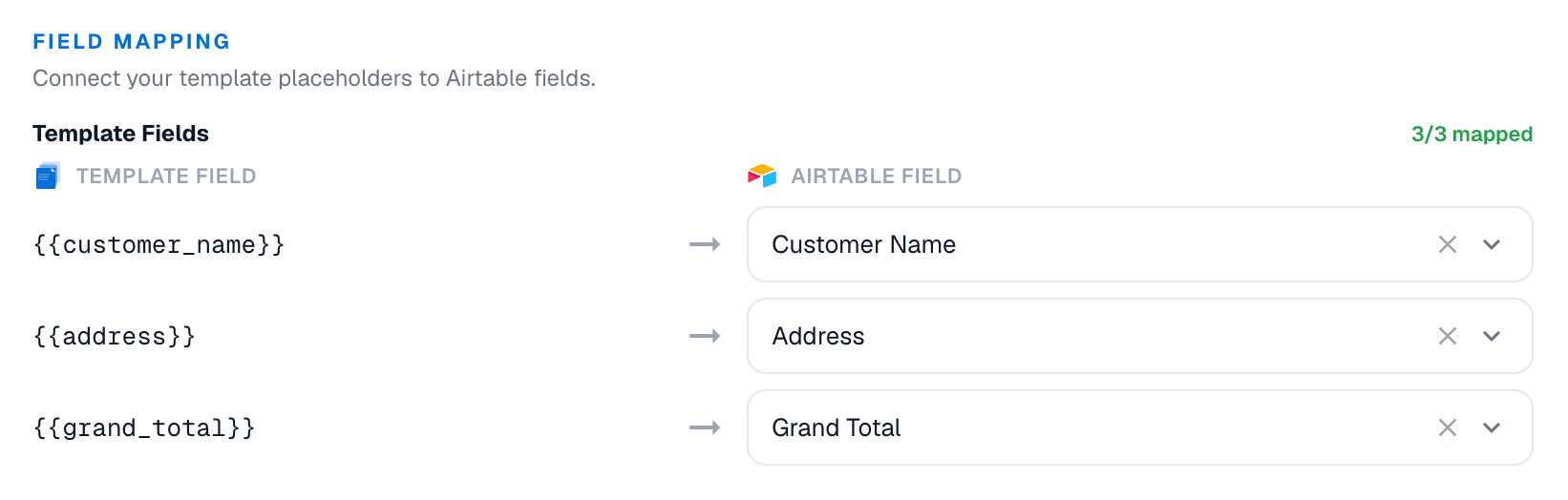 Mapping template merge fields to Airtable columns in the DocuPotion editor