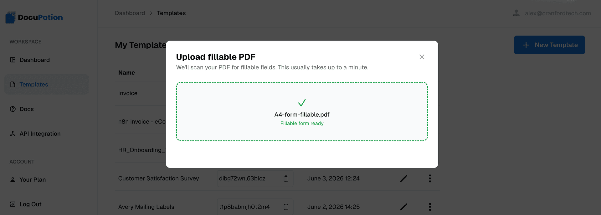 Uploading a fillable PDF in DocuPotion with the form detected and ready