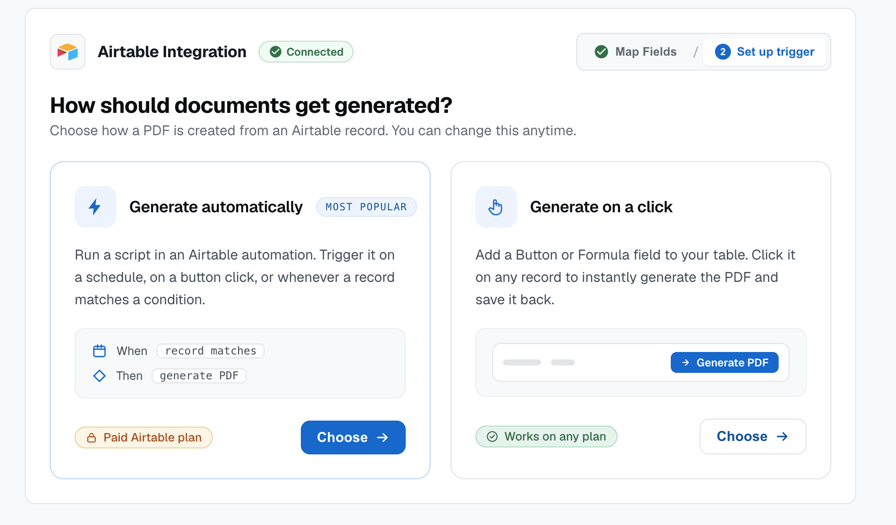 The two PDF generation options in DocuPotion: Generate automatically and Generate on a click
