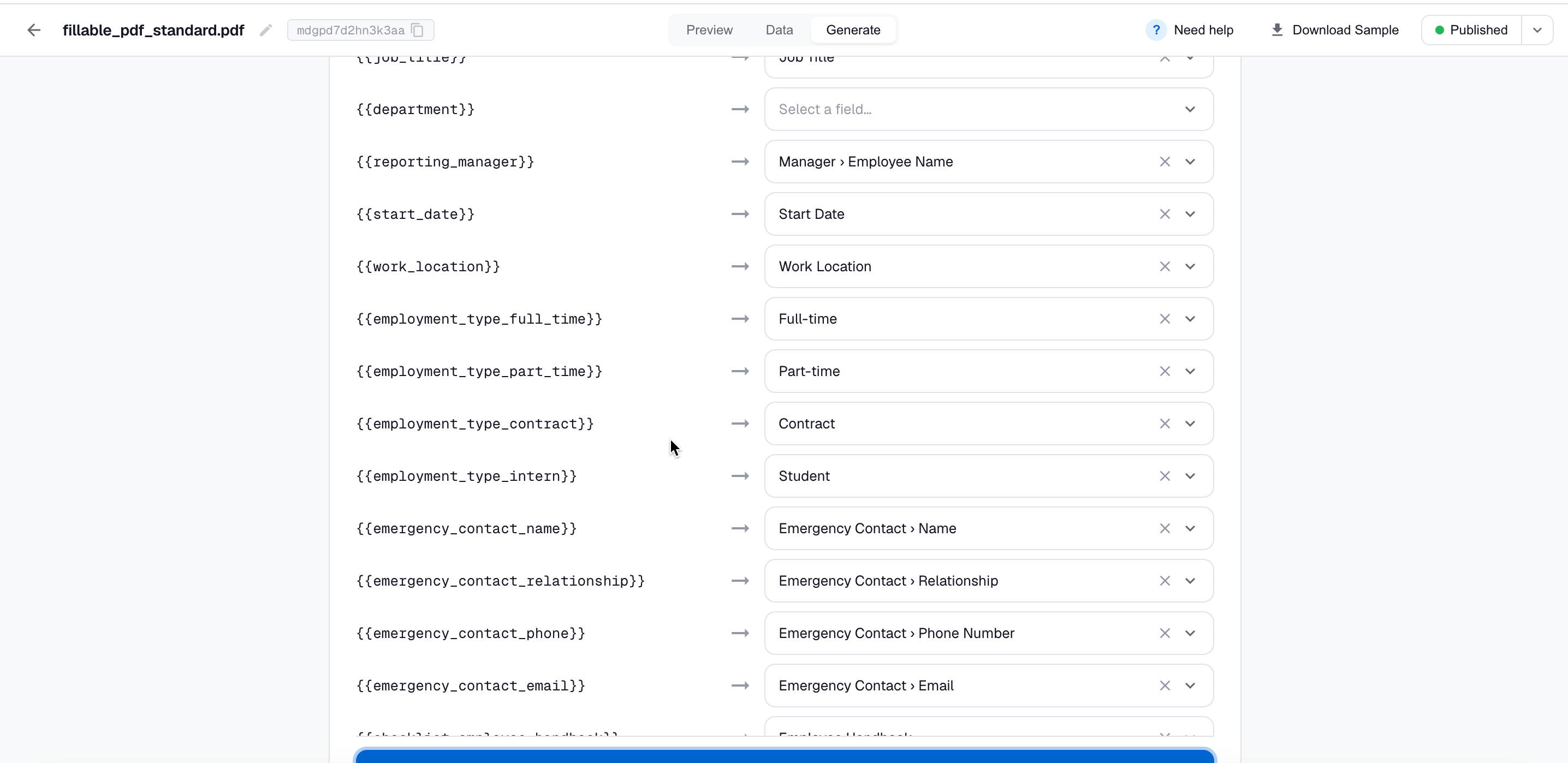 Expanding a linked Manager record in the mapping panel to pull through the manager's department
