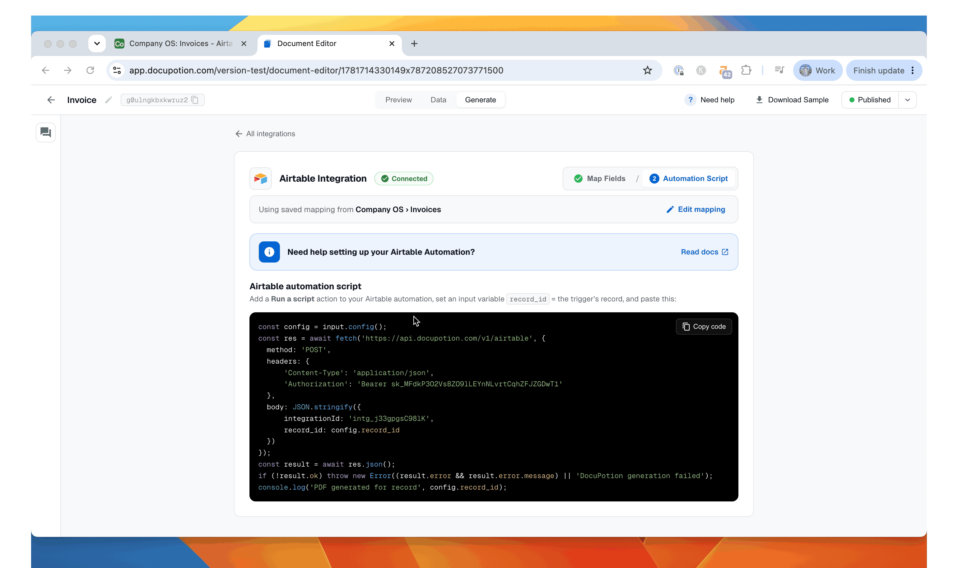 Pasting the DocuPotion automation script into an Airtable Run a script action