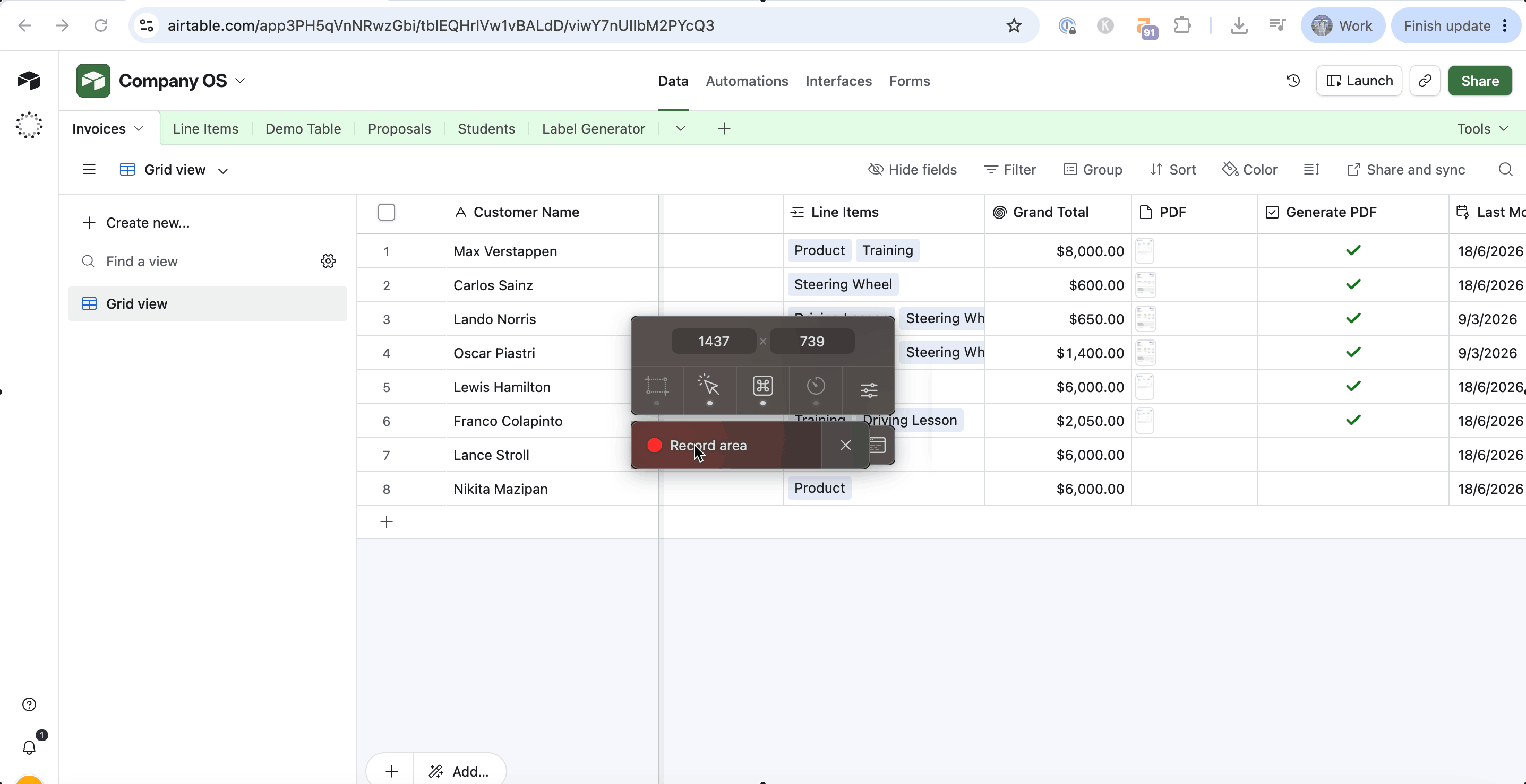 A generated PDF appearing in the Airtable attachment field after the automation runs