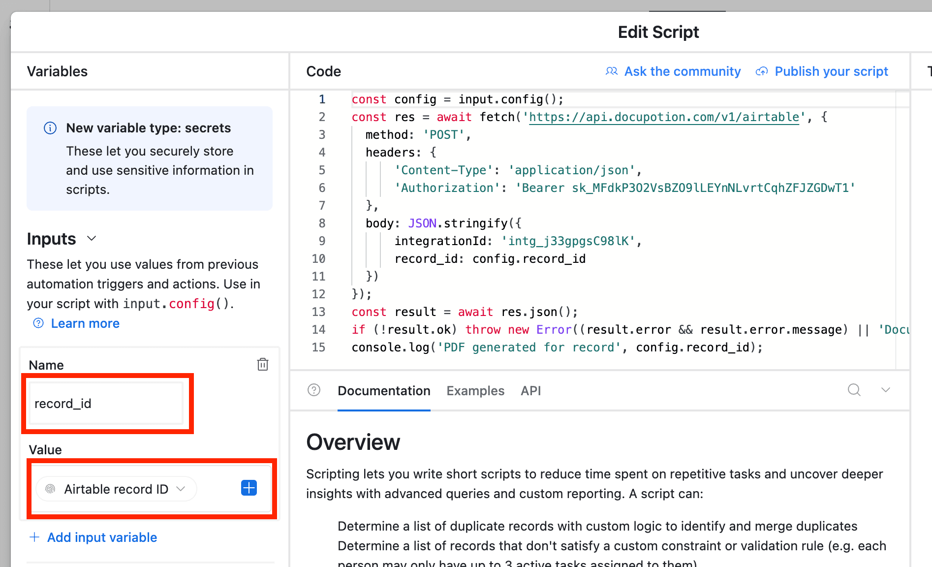 Adding the record_id input variable in the Airtable automation script action
