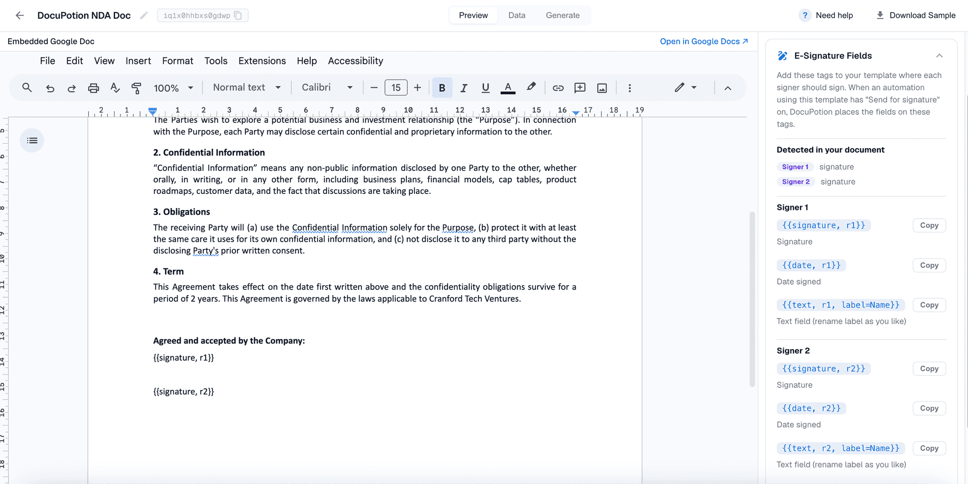 An NDA Google Doc template with DocuPotion signature tags for two signers