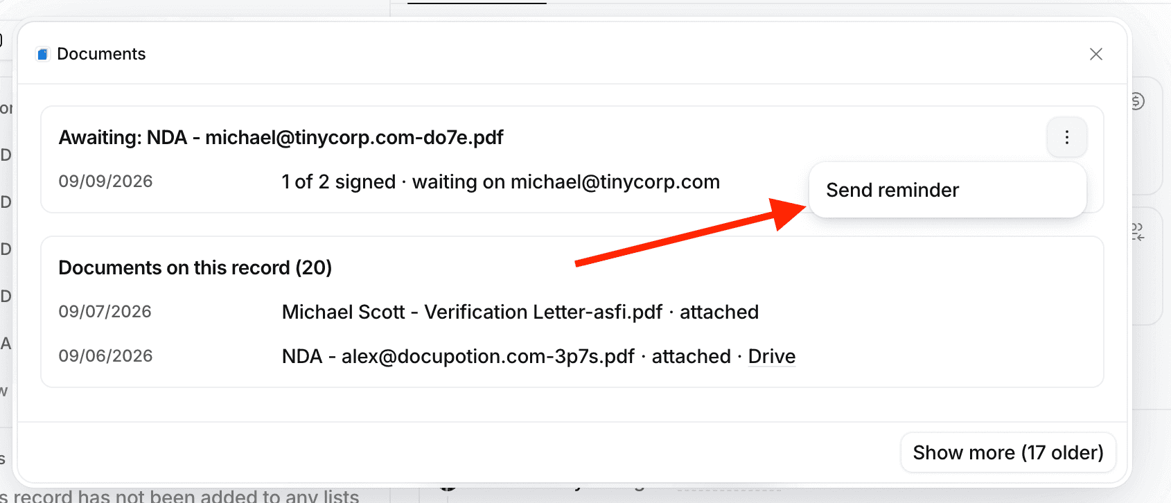 Sending a signature reminder from the View documents modal in Attio