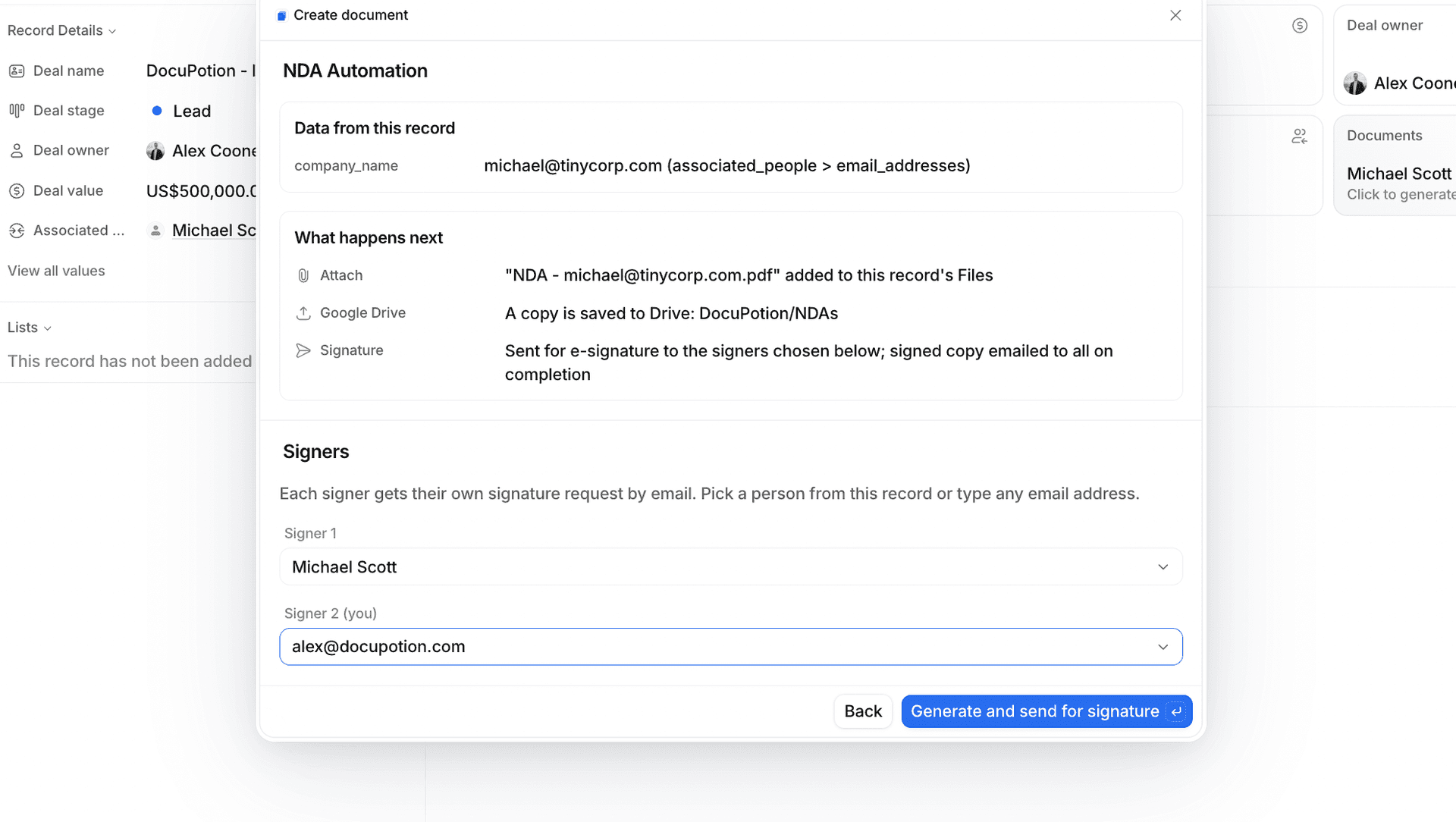 Generating an NDA and sending it for signature from an Attio record