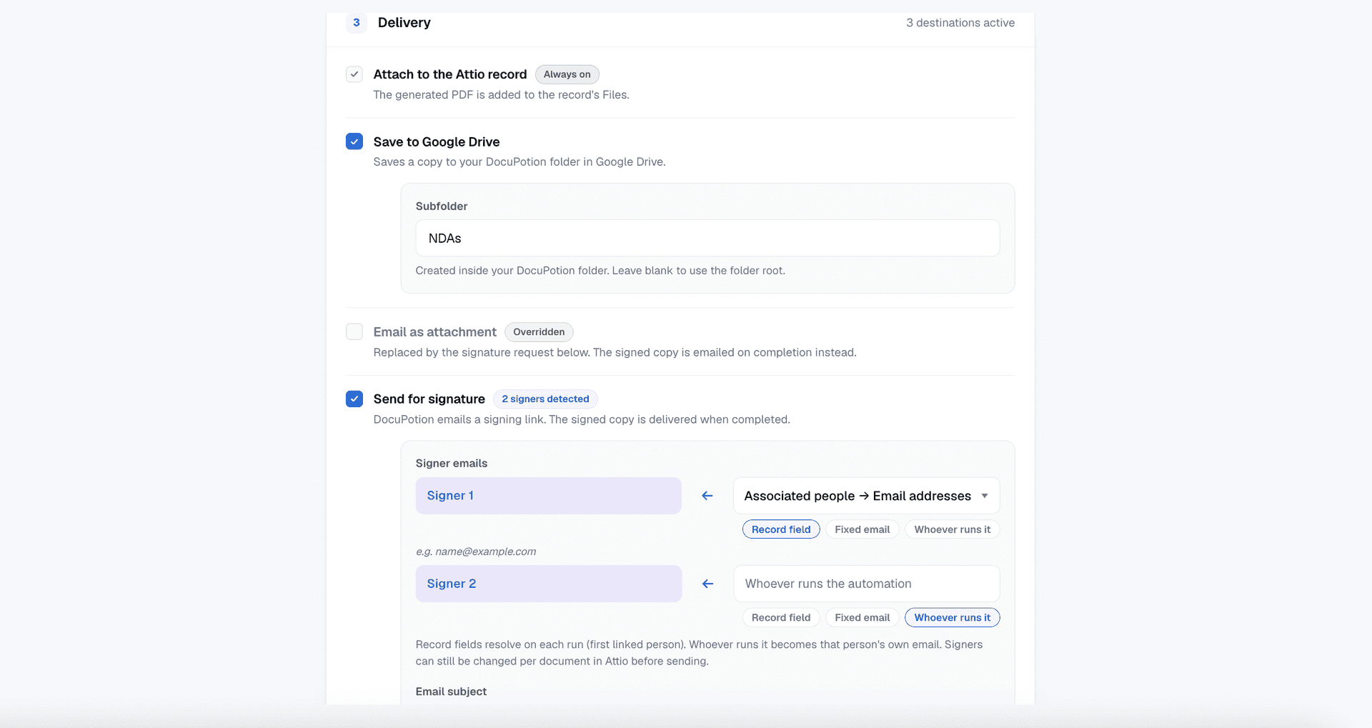 Enabling Send for signature and mapping signer emails in a DocuPotion automation