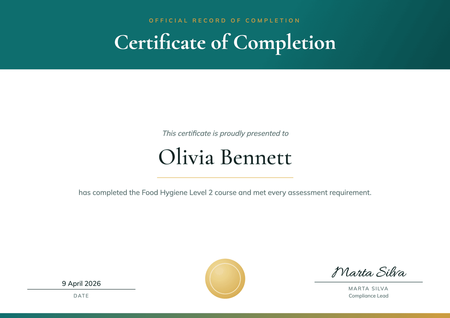 Formal certificate of completion template with a teal header banner and gold seal