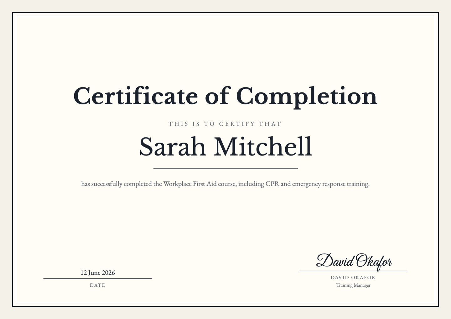 Certificate of completion template with a classic double-line border in ivory and navy