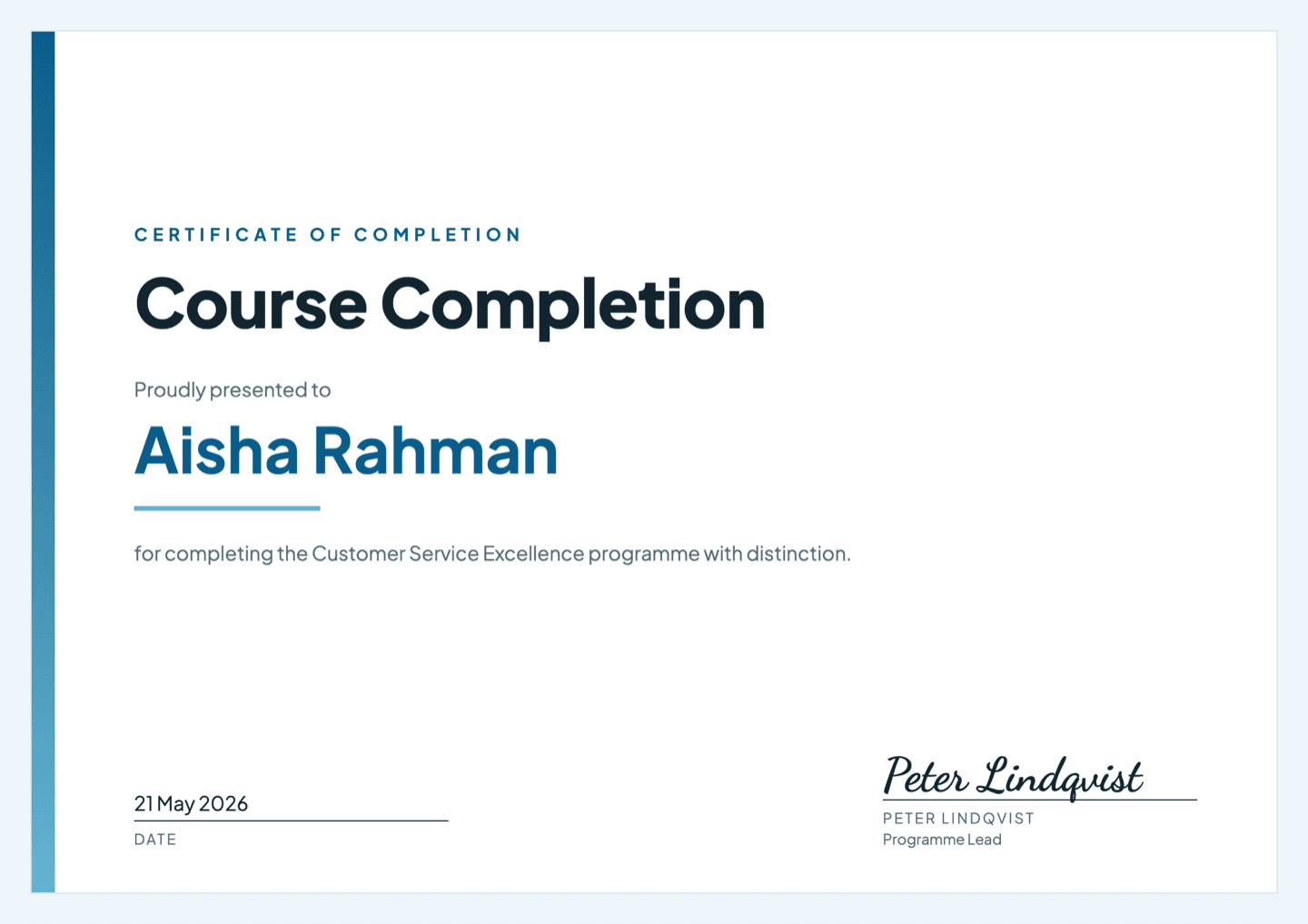 Modern course completion certificate template with an ocean blue side accent band
