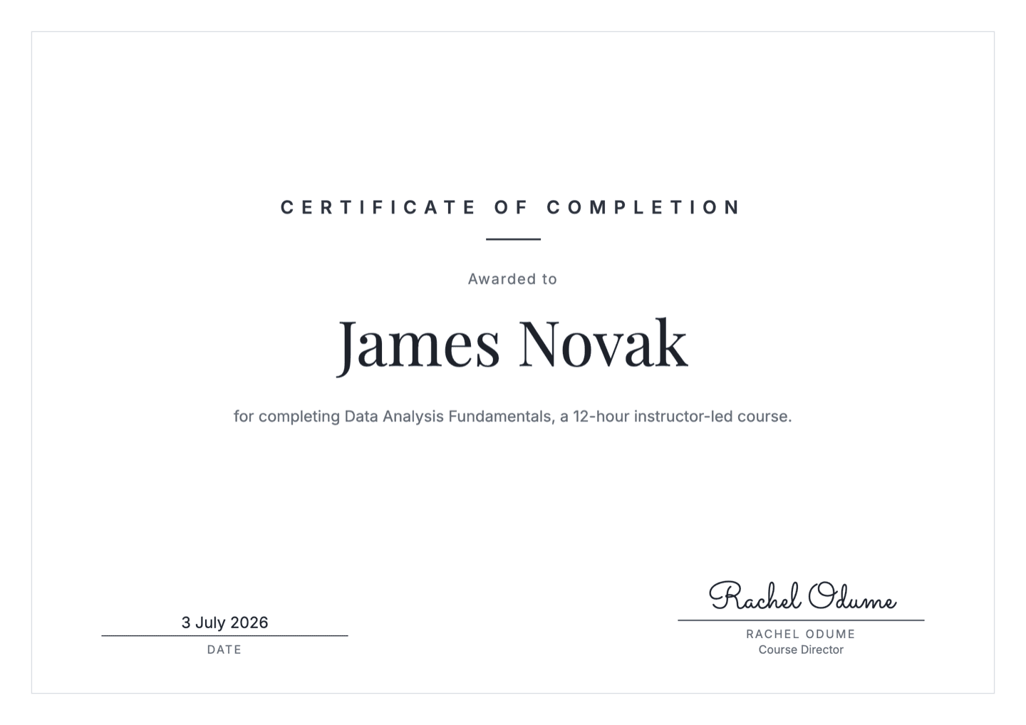 Minimal certificate of completion template with a thin border and airy slate layout