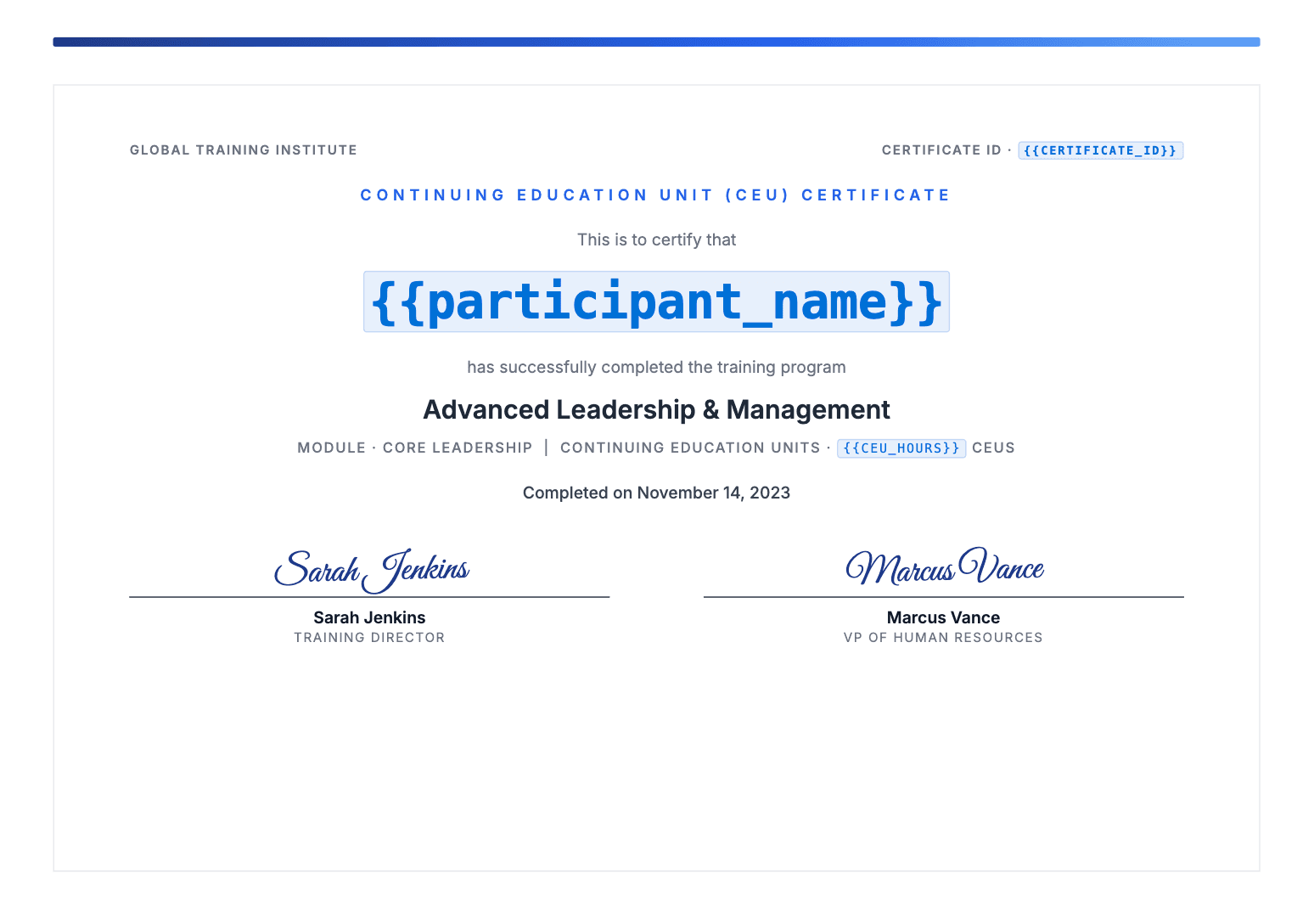 A continuing-education certificate template with merge fields for participant name, course, CEUs and contact hours