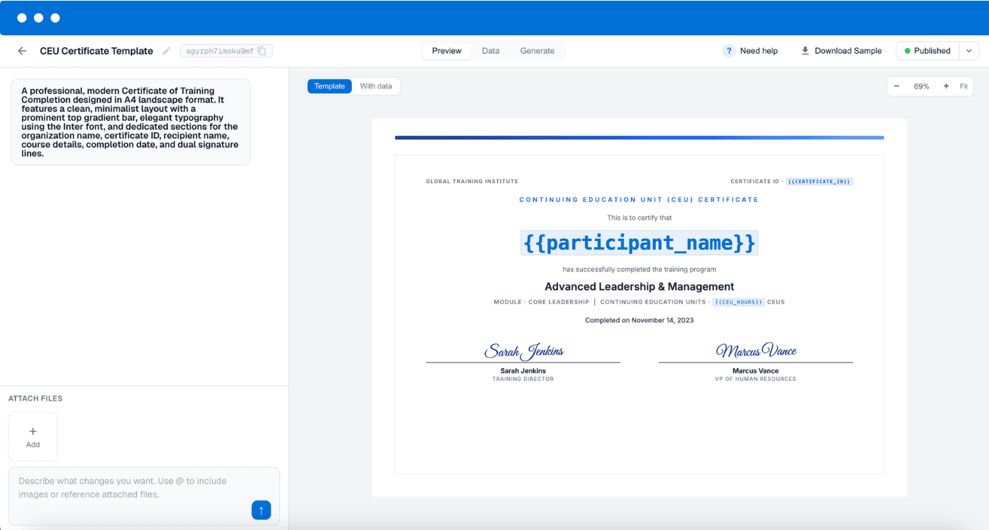The DocuPotion editor showing a continuing-education certificate template with merge fields