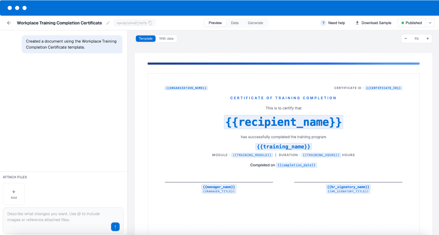 DocuPotion AI editor showing a certificate template