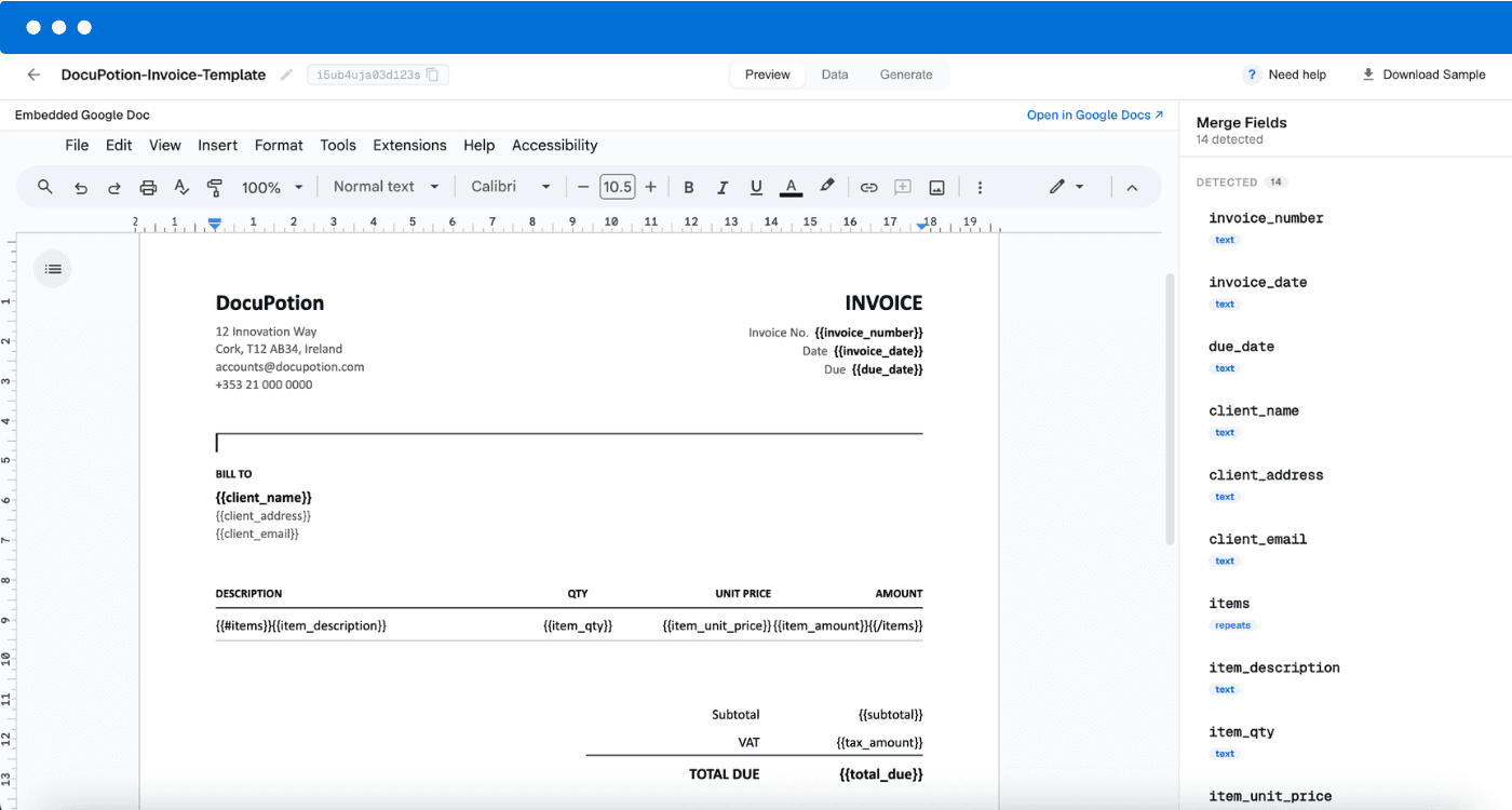 A Google Docs template being turned into a finished PDF in DocuPotion