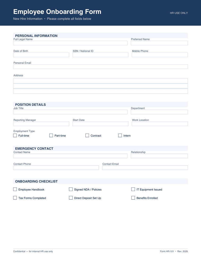 The blank Employee Onboarding Form PDF before any data is applied