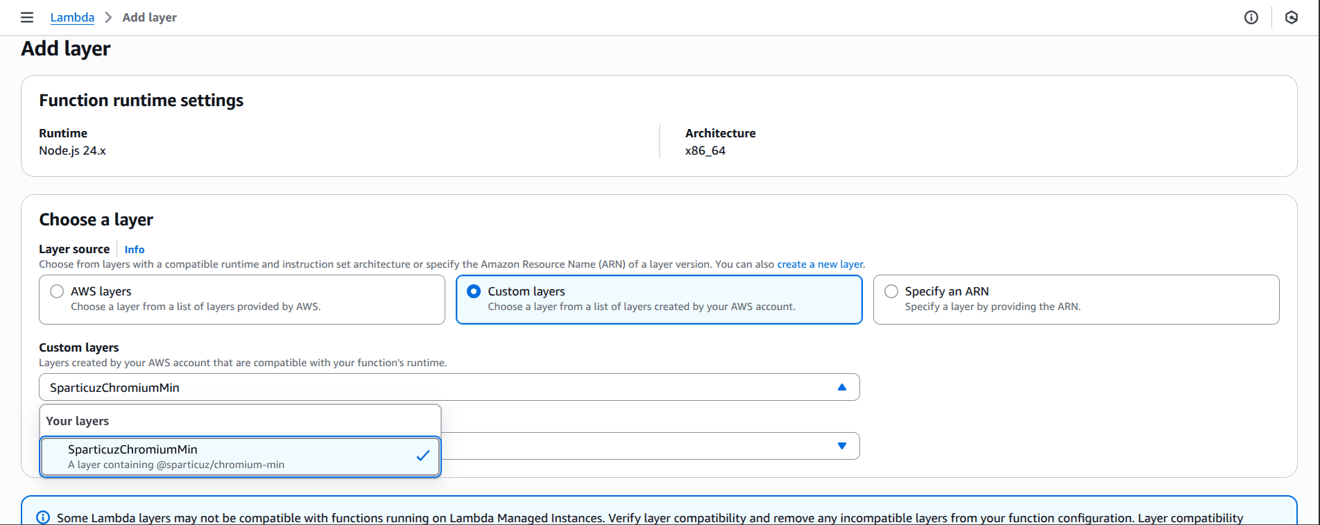 Adding custom layer to Lambda function
