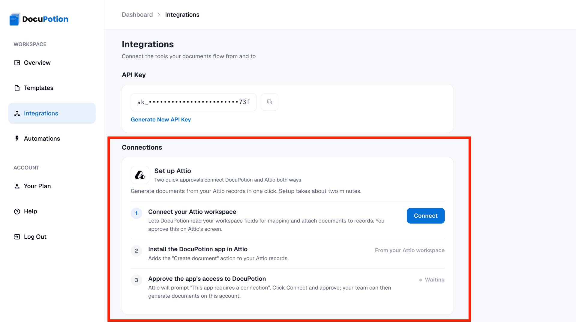 Connecting an Attio workspace to DocuPotion from the Integrations page