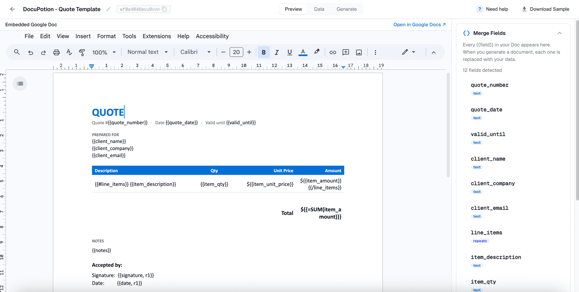 A Google Doc quote template with DocuPotion merge tags