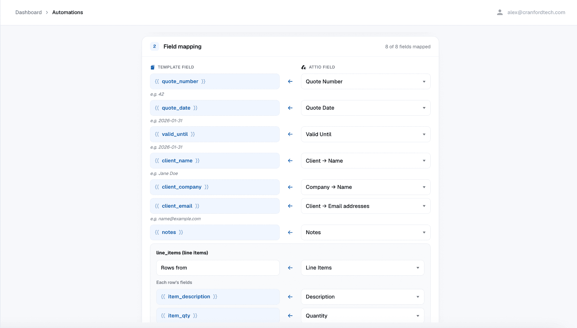 Mapping template merge fields to Attio attributes in a DocuPotion automation