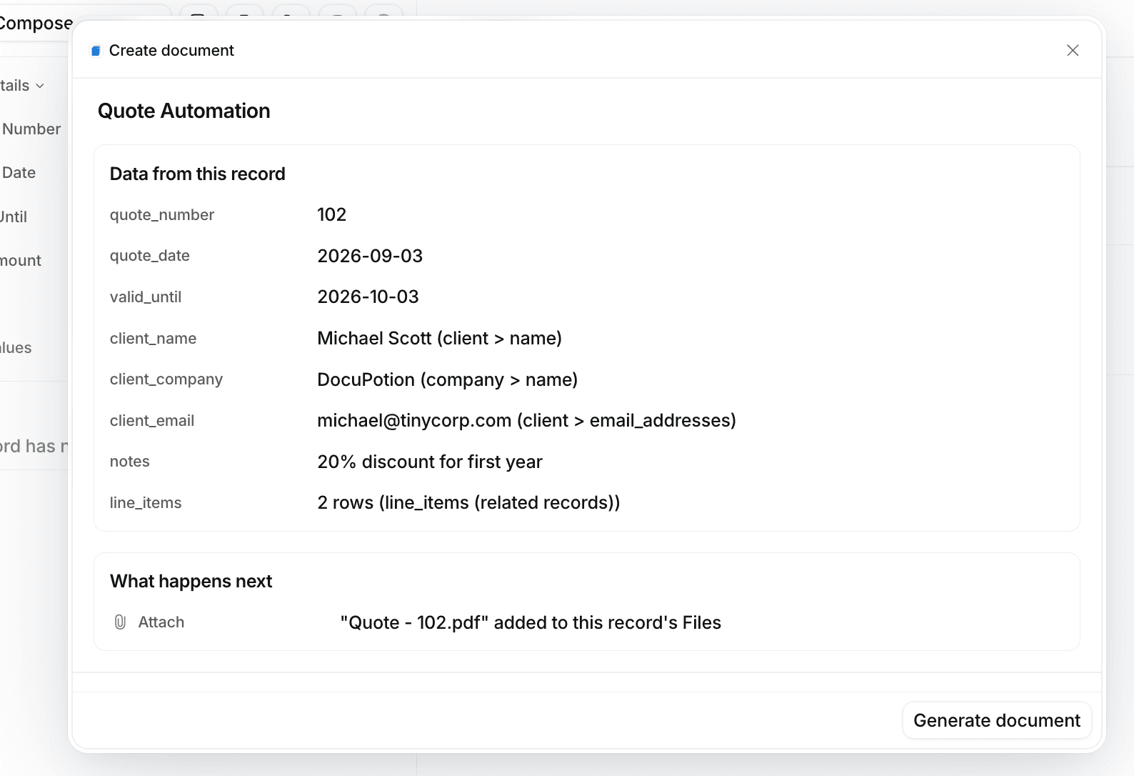 Generating a document from an Attio quote record