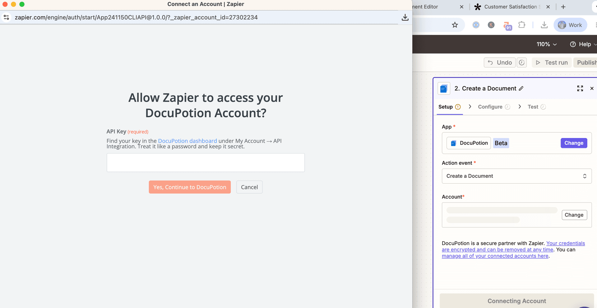 Connecting the DocuPotion account in Zapier by entering the API key
