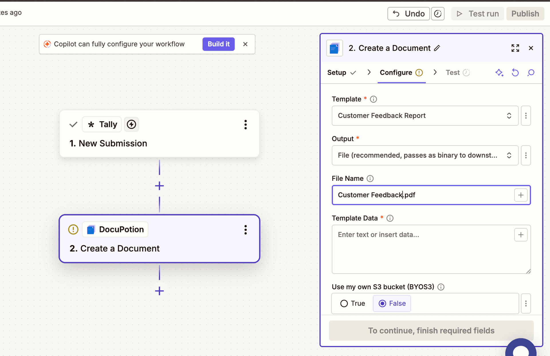 The Create a Document action in Zapier with Template, Output, File Name and Template Data fields