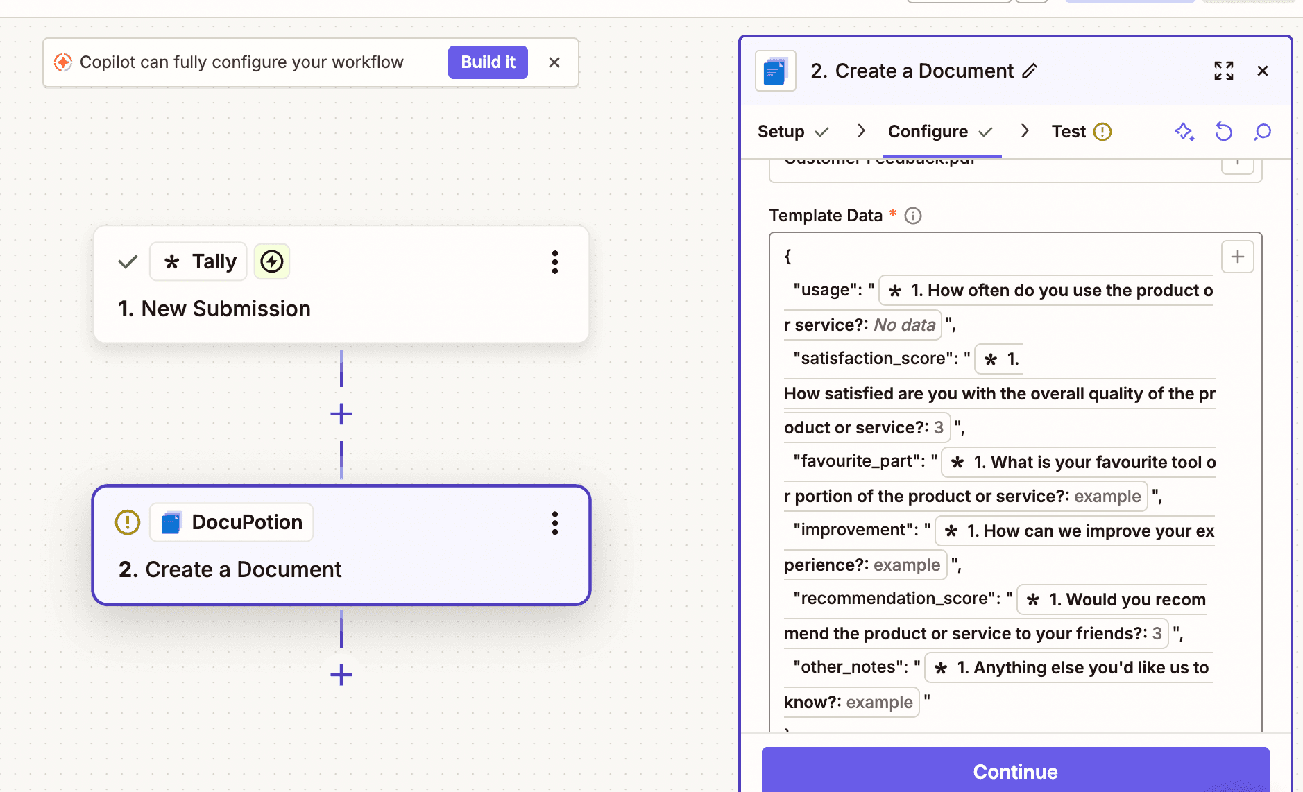 Replacing static values in the Template Data JSON with fields from a form submission step