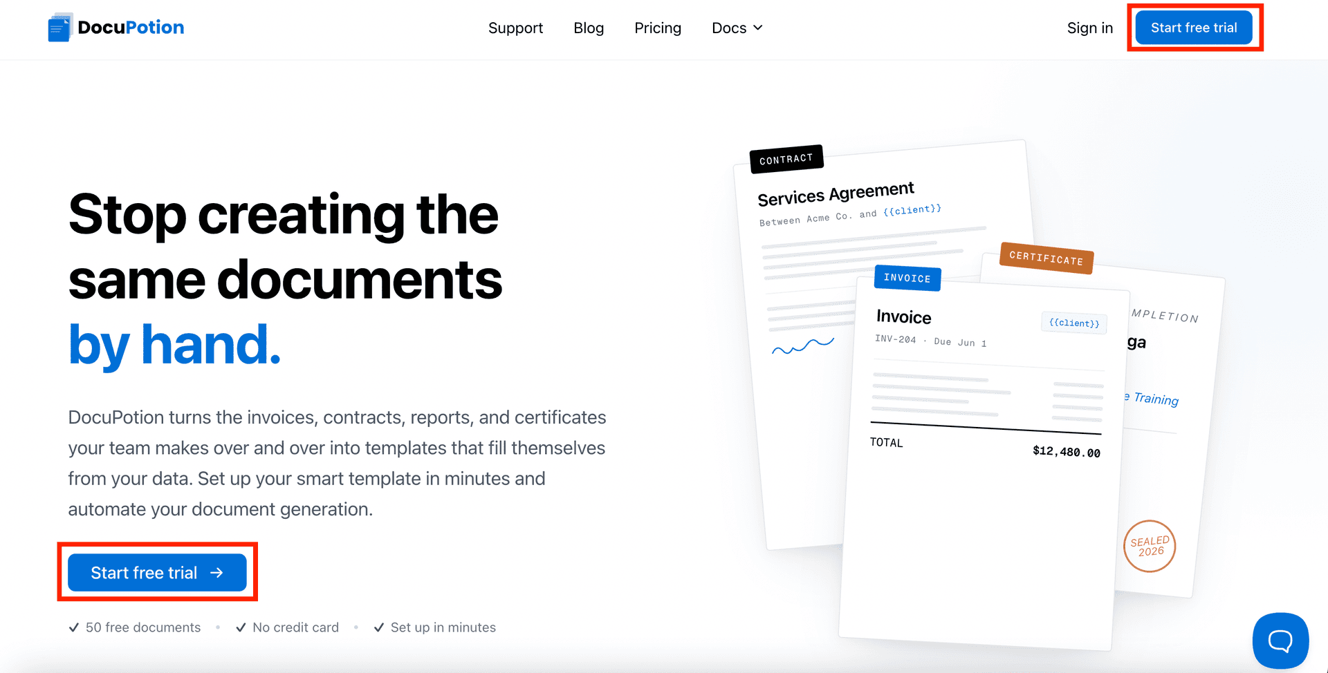 The DocuPotion homepage