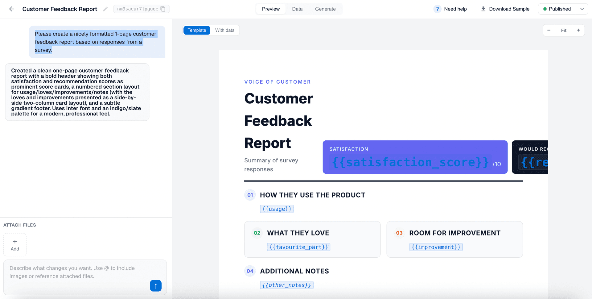 The DocuPotion template editor with a prompt panel and a live PDF preview