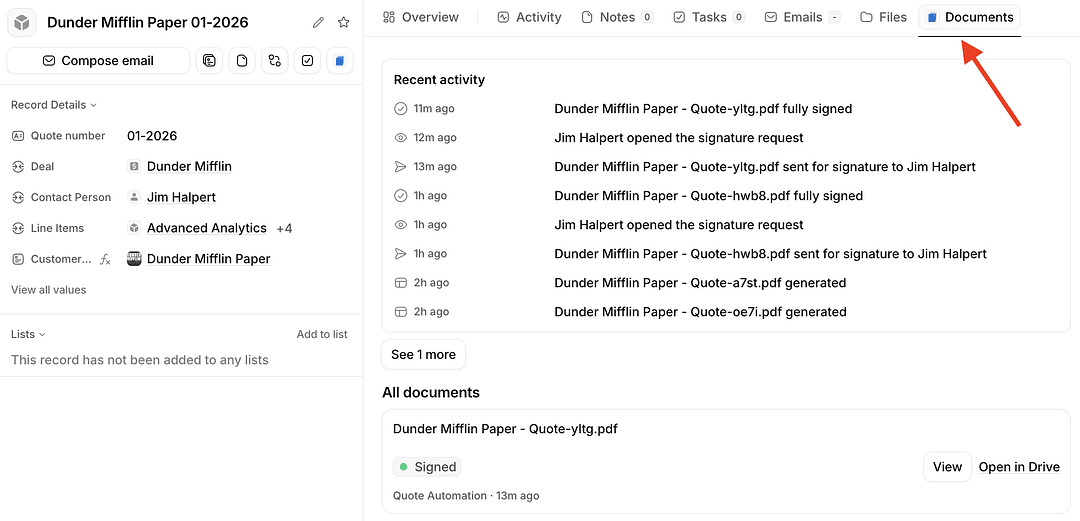The DocuPotion Documents tab on an Attio quote record, showing when each quote was generated, sent, opened and signed