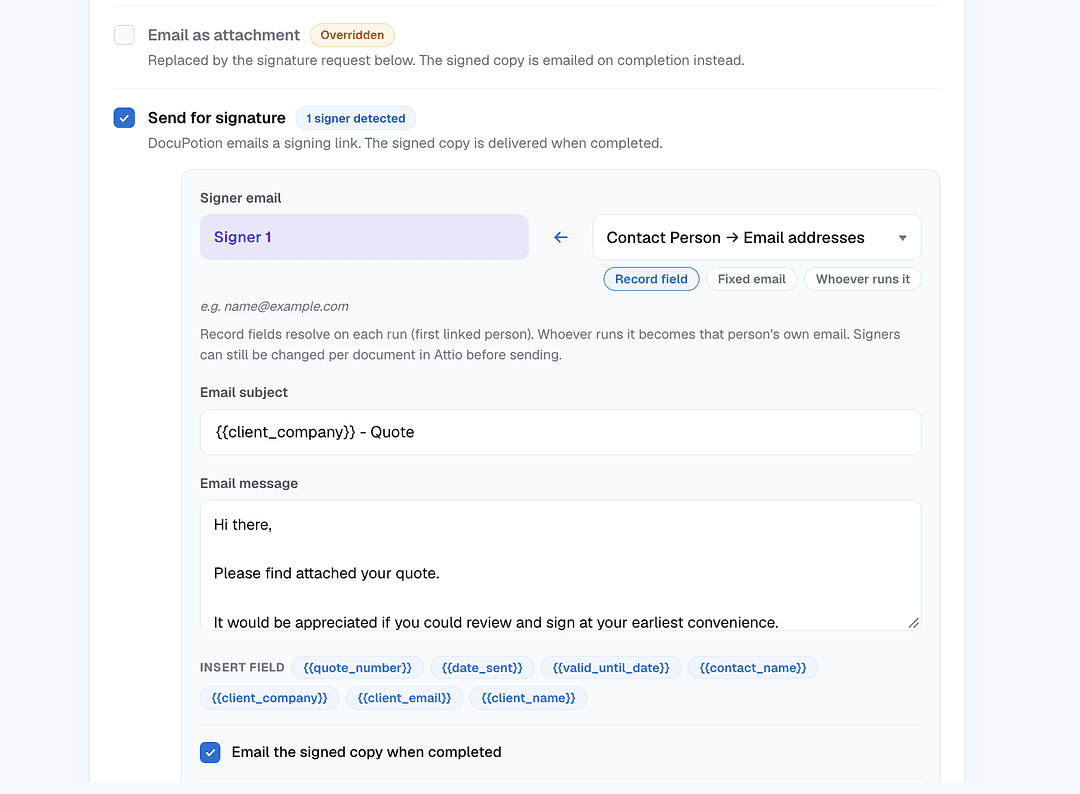 Send for signature settings in a DocuPotion automation, with the signer mapped to the quote's contact person and a custom email subject and message