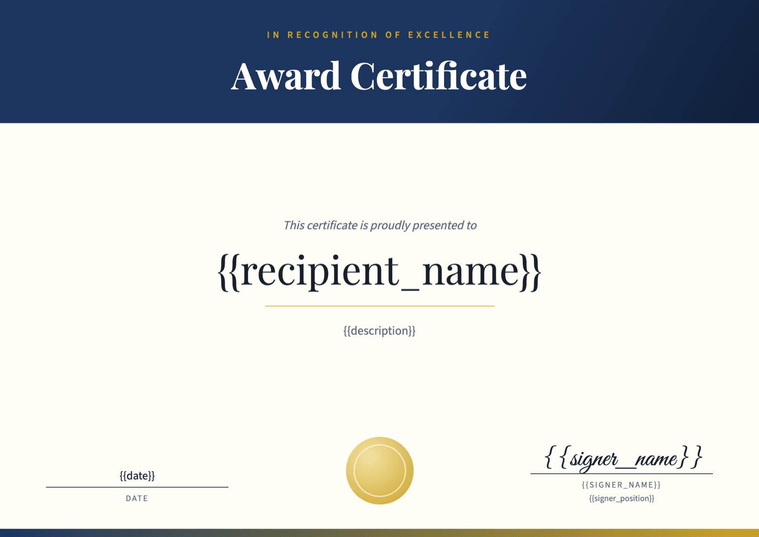 An award certificate template with merge fields for recipient name, description, date and signer