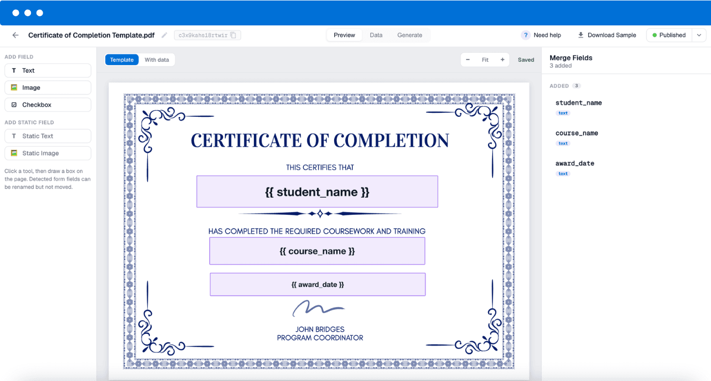 An uploaded certificate PDF in the DocuPotion overlay editor with merge fields placed on the design