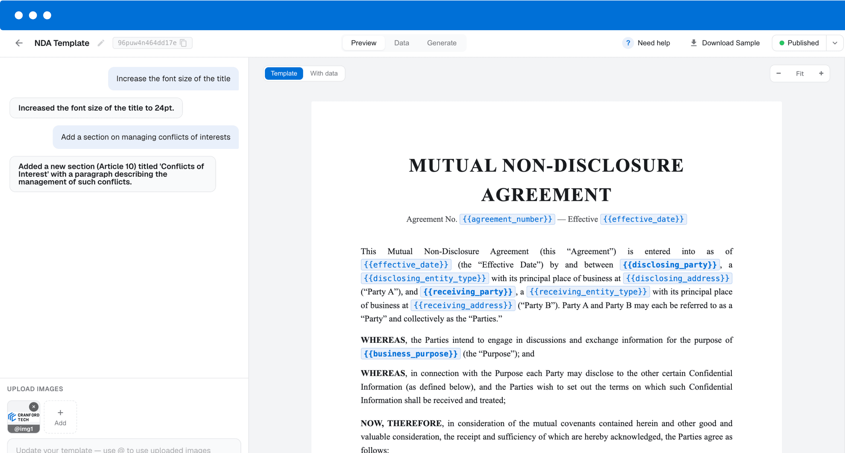 DocuPotion AI editor showing a contract template