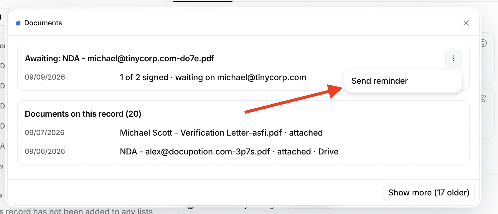 The Attio Documents dialog: an awaiting NDA showing 1 of 2 signed, with Send reminder in the row's actions menu